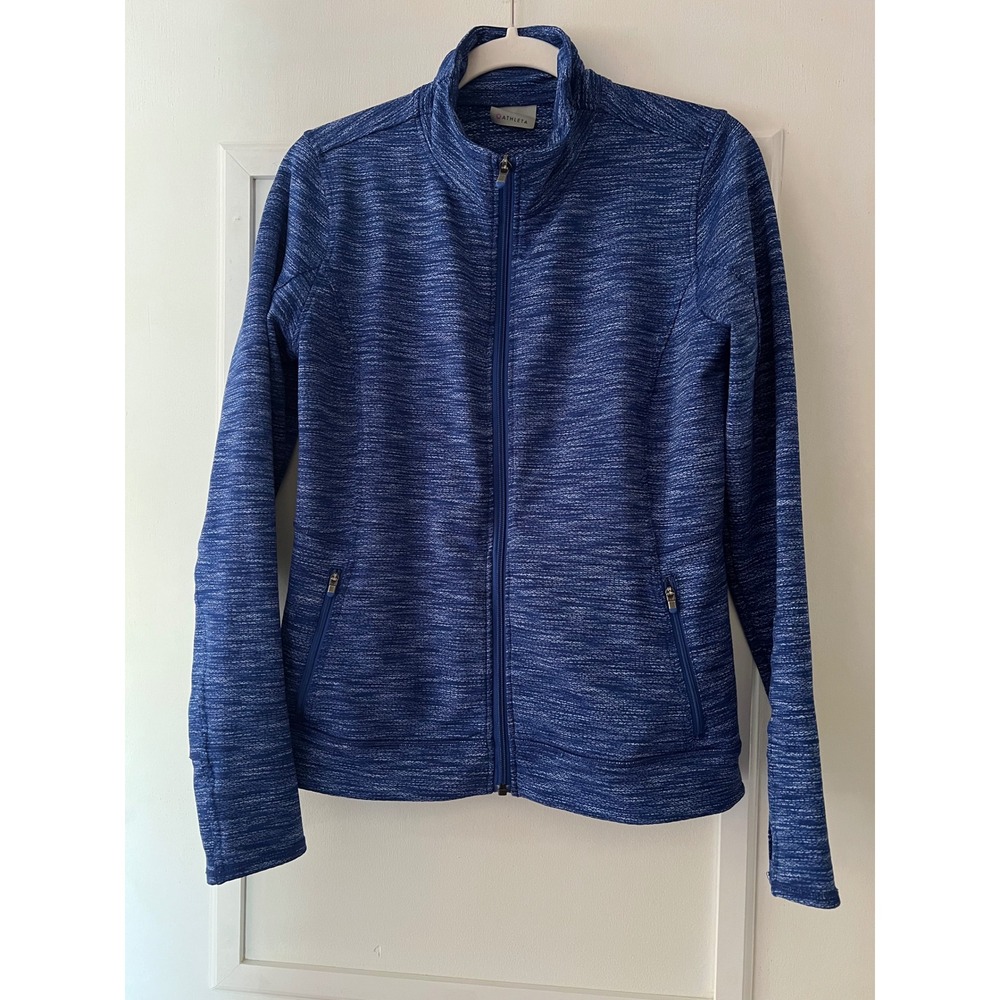 Athleta Womens Blue Space Dye Full Zip Jacket Thumbholes Mock Neck Yoga S 38x26